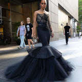 Bonnyshow Amazing African Black Mermaid Eveing Dresses With A Corset Bustier Strapless Big Volume Tulle Formal Party Gowns