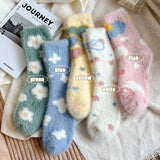 Bonnyshow Winter Mink Velvet Socks for Women Kawaii Floral Print Plush Sock Solid Color Cartoon Warm Female Lady Mid Tube Socks