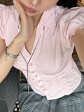 Bonnyshow  Fashion Sweet Ruched Slim Fit Women Shirts Chic Solid Summer Cute All-Match Causal Blouses Simple