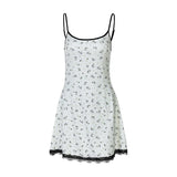 Bonnyshow  New Fresh And Fashionable Floral Beach Versatile Sexy Short Dress With Strap And Lace Edge