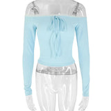 Bonnyshow Autumn Women T-shirt New Sexy Sky Blue Backless Lace Slash Neck Tees Top Streetwear Fashion Casual Slim Female Knitted Clothing