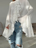 Bonnyshow Round Neck Flared Sleeve Ruffled Women's Shirt White Chiffon Design Sense Summer New Fashionable Long Sleeve Shirt