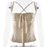 Bonnyshow  Sexy Strapless Hanging Collar Satin Tight Tie Women Top Vest Elegant Backless Slim Female Vest Spring/summer New 2025