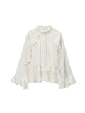 Bonnyshow  Women's Ruffled Long Sleeve Tops Elegant Round Collar Loose Blouse Decorative Layered Shirts Summer Beach Party Street Wear