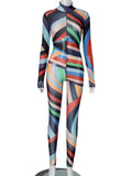 Bonnyshow Autumn Colorful Striped Print Mesh Jumpsuits Women Sexy See Through Turtleneck Long Sleeve Skinny Club Party Romper Overall