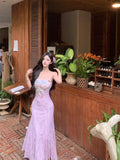 Bonnyshow  Women's Purple/Apricot Casual Flower Long Dress Sleeveless French Elegant Aesthetic 2000s Party A-line Dress Clothing 2025