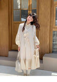 Bonnyshow Girl Style Sweet Cute Beige Dress Fake Two-piece Loose Long-sleeved Pleated Hem Long Shirt Japanese Knitted Dress for Women