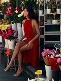 Bonnyshow  Women Red Sleeveless O-neck Fold Backless Dresses Sexy Vacation Ladies Show Waist Mid-calf Evening Dress 2025 Summer Fashion New