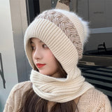 Bonnyshow Winter Thicken  Add Fur Knitted Soft Hat With Scarf Outdoor Cycling Windproof Keep Warm Balaclava Pompoms Ball Caps