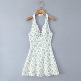Bonnyshow  Sexy Floral print Spliced Lace Halter Sling Dress Women Backless Low Waist A-lined Short Dresses Femme SummerRobe