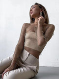 Bonnyshow Women Sexy Mesh See Through T Shirt Shiny Rhinestone Fishnet Hollow Out Crop Top Long Sleeve Beach Cover Up Party Club Tank Tops