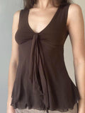 Bonnyshow  Solid Slim Fit Sweet Bandage Folds Women Vest Fashion Trendy Design Irregular Bow Chic Blouses