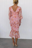 Bonnyshow  Summer Fashion New Style Women's Dress Elastic Waist Long Sleeve V-neck Printed Ruffle Edge Tight Hip Wrapping Dress