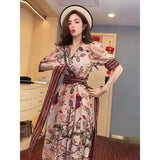 Bonnyshow  Fashion Puff Sleeve Floral Dress Loose Waist With Bandage New Women's Summer Dresses Elegant Casual Midi Vestidos Mujer