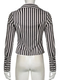 Bonnyshow  Black White Striped Shirts Vintage Button Up Long Sleeve Crop Top Aesthetic Elegant Streetwear Y2k Casual All Match Top