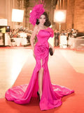 Bonnyshow Eye Catching Fuchsia Asymmetrical Split Long Evening Dresses With 3D Flower And Ruffles Details Sexy Formal Party Dress