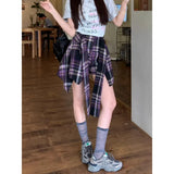 Bonnyshow Korean High Waist Lace-up Sexy Irregular Mini Skirt Women 2024 Summer New Streetwear Contrast Color Plaid Casual A-Line Skirt