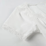 Bonnyshow  Fashion Solid Slim Lace Trim Bow Women Chic T-Shirts Ruffly Causal Simple Summer Trendy Sweet Cute Blouses