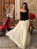 Bonnyshow  Patchwork Contrast Women' Dresses Elegant O-neck Backless Sleeveless Waist Cinching Maxi Dress Female Summer Lady Party Vestidos