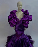 Bonnyshow Real Image Dark Purple Mermaid African Evening Dresses With Handmade Flower Details Puffy Sleeves Nigerian Long Evening Gowns