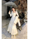 Bonnyshow Spring Elegant Knitted Dress Women Lace Patchwork Koeran Princess Midi Dress Female Casual Sweet Even Party Fairy Dress