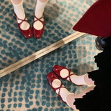 Bonnyshow  Cross Buckle Strap Flats Shoes for Women PU Leather Shiny Elegant Red Mary Janes Shoes Spring Autumn Square Toe Loafers Ladies