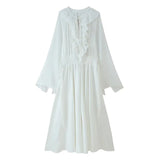 Bonnyshow  Boho White Maxi Dress For Women Long Sleeve V Neck Ruffle Elegant Beach Dresses Loose Fit Summer Robe Casual Dress
