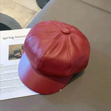 Bonnyshow Vintage PU Leather Beret Hat Women Autumn Winter Warm Octagonal Cap Elegant Solid Color Female Lady Painters Caps