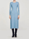 Bonnyshow  Elegant Blue Long Sleeves With Metal Eyelets Knitted Midi Dress Round Neck Slim Flared Hem Dress Ladies Chic High Street Robe