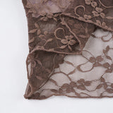 Bonnyshow  Y2K Fashion Lace Crop Top Brown V-neck Lace Up Cardigan Tee Shirt See Through Chic Sexy Short Sleeve T-shirt Summer