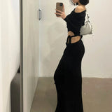 Bonnyshow Spring New Korean Strapless Sexy Threaded Knitted Long Sleeve T-Shirt Women + High Waist Lace Up Black Skirt Two-Piece Suit