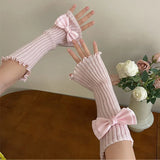 Bonnyshow Women Knitted Bow Tie Fingerless Gloves Lolita Arm Sleeve Y2k Pink Girl Gothic Keep Wamrm Long Gloves Kawaii JK Accessories