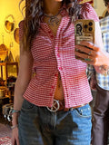 Bonnyshow  Plaid Print Retro Casual Blouses Fold Button Basic Slim Sexy 90s Streetwear Clothings Aesthetic Y2k Summer Outfits