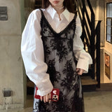 Bonnyshow Summer New Korean Hook Flower Hollow Lace Sexy Black Sling Dress Women + Loose Casual Long-sleeved Shirt Two-piece Suit