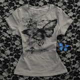 Bonnyshow  Kawaii summer butterfly graphic printed hot girl short-sleeved T-shirt women 2025 new sexy niche slim casual niche aesthetic top