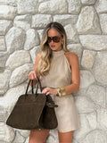 Bonnyshow  Women Solid Sleeveless Turtleneck Belted Shorts Set Halter Crop Tops Straight Leg Trunk Summer Elegant Suit New Office Lady Sets
