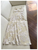 Bonnyshow  Women's Elegant Beige Chiffon Maxi Dress Floral Print Strap Formal Evening Gown Prom Party With Embellished Waist