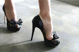 Bonnyshow  Summer Flower Lace Big Bowtie Peep Toe Pumps Stiletto Heels Side Cutout Woman Patent Leather Patchwork slip on weding Shoes