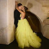 Bonnyshow Stunning Yellow Ruched Tulle Evening Dresses Sexy Halter Open Back Puffy Tutu Tulle Bridal Dresses Engagement Party Gowns