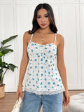 Bonnyshow  Women's Camisole New Summer Streetwear Fashion Blue Print Button Lace-up Vest Sexy Lace Backless Female Versatile Tank Clothing