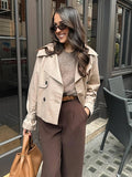 Bonnyshow Casual Loose Turndown Collar Women's Jacket Solid Color Double Breasted  Short Jackets Simple Fashion Vintage Autumn Women Coat