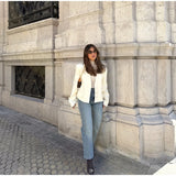 Bonnyshow  Elegant Covered Button Short Women's Jacket Solid V-neck Full Sleeve Pockets Coats Female 2025 Spring Autumn Lady Streetwears