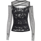 Bonnyshow Gothic Mesh Hole Long Sleeve T-Shirts Women's Mock Neck Slim Fit Fishnet Sheer Blouse Cut Out Rave Tops See Through Top