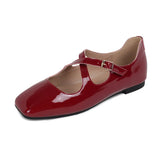 Bonnyshow  Cross Buckle Strap Flats Shoes for Women PU Leather Shiny Elegant Red Mary Janes Shoes Spring Autumn Square Toe Loafers Ladies