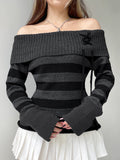 Bonnyshow Off Shoulder Slim Knitted Stripe Jumper Women Lace-Up Slash Neck Long Sleeve Sweater Tee Korean Fashion Street Knittwear