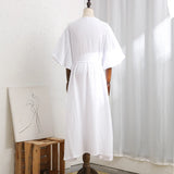 Bonnyshow v 100% Cotton Women's Dress Vintage Crepe Gauze V-Neck Puff Sleeve Bandage Lace Up Elegant White Dresses Long Maxi Robe