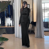 Bonnyshow Women Dresses Autumn Winter New Black Sexy Maxi Dresses Streetwear Fashion Long Sleeves Turtleneck Elegant Female Folds Dresses