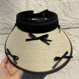 Bonnyshow Summer Bow Kont Straw Hat Woven Open-top with Large Brim Straw Hat Women's UV Sunscreen Hat for Beach Holiday Korean Y2k Cap