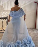 Bonnyshow Eye Catching Sky Blue Beaded Long Evening Dresses With Floral Cape Jacket 2 Pieces Formal Party Dress