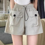 Bonnyshow  Design Sense Double Pocket Shorts Women'S Solid Spliced Button Pocket Drawstring Loose Casual High-Waist Wide Leg Trousers